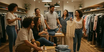Alquiler de ropa en España: Renueva tu armario cada 3 meses Jóvenes sonrientes intercambiando prendas en un moderno espacio de alquiler de ropa en España, simbolizando la renovación del armario.