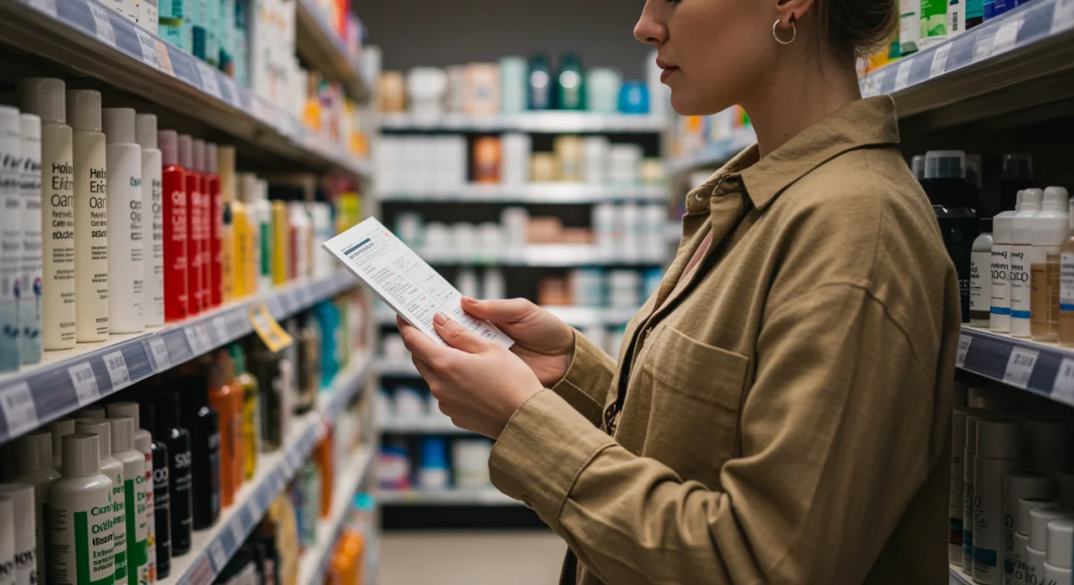 Persona examinando etiquetas de productos cosméticos en busca de opciones 'clean beauty'.