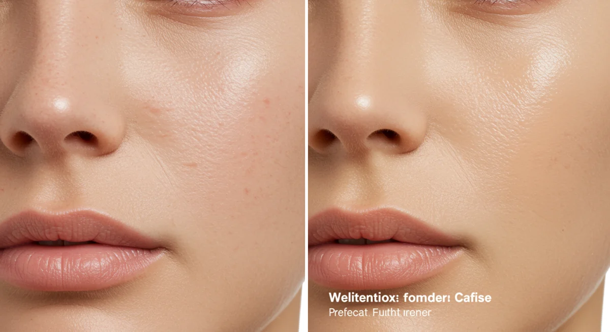 Comparación de piel antes y después de aplicar una base de maquillaje ideal, mostrando un acabado natural.