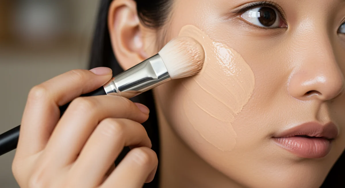 Mano aplicando base de maquillaje ligera con brocha en el rostro.