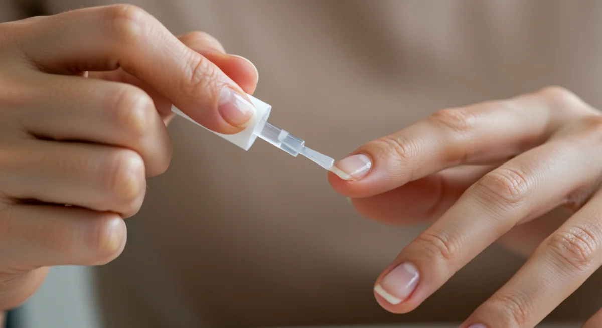 Persona aplicando un fortalecedor de uñas, mostrando un paso clave del desafío de 21 días para una rutina de cuidado.