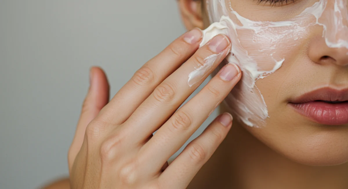 Mano aplicando una mascarilla cremosa sobre el rostro, destacando la textura del producto.