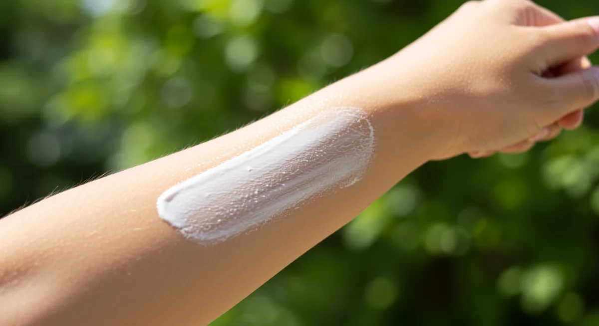 Persona aplicando protector solar en el brazo, mostrando la textura del producto y su fácil absorción.