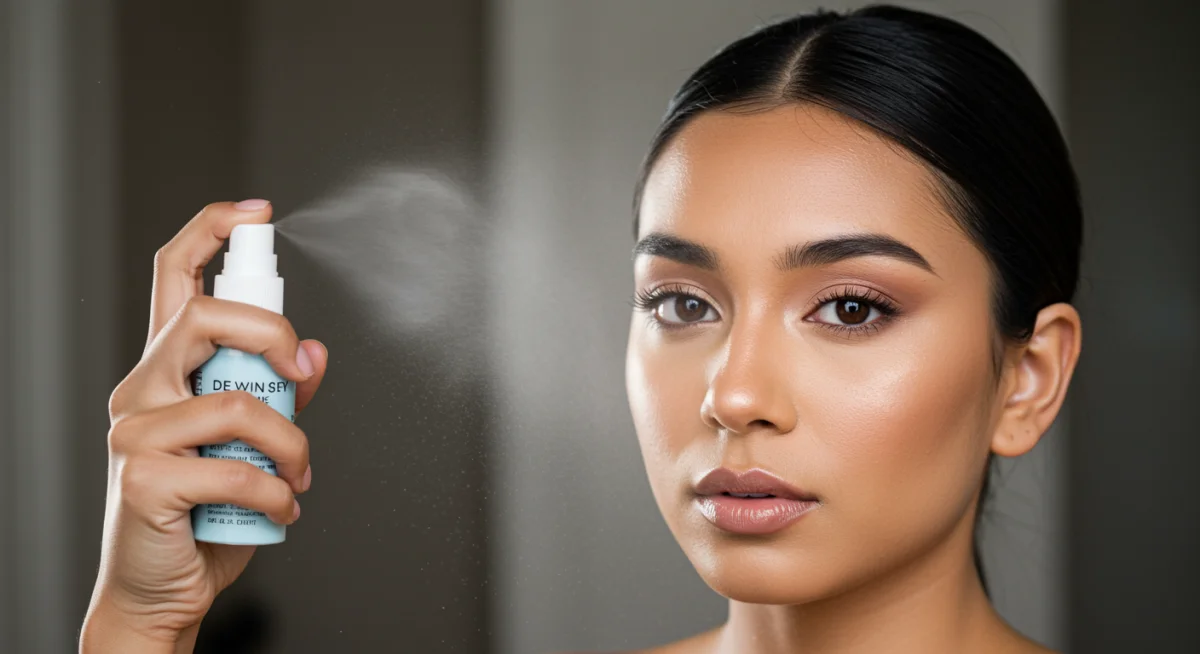 Mujer aplicando rápidamente un spray fijador para sellar el maquillaje y dar un acabado fresco.