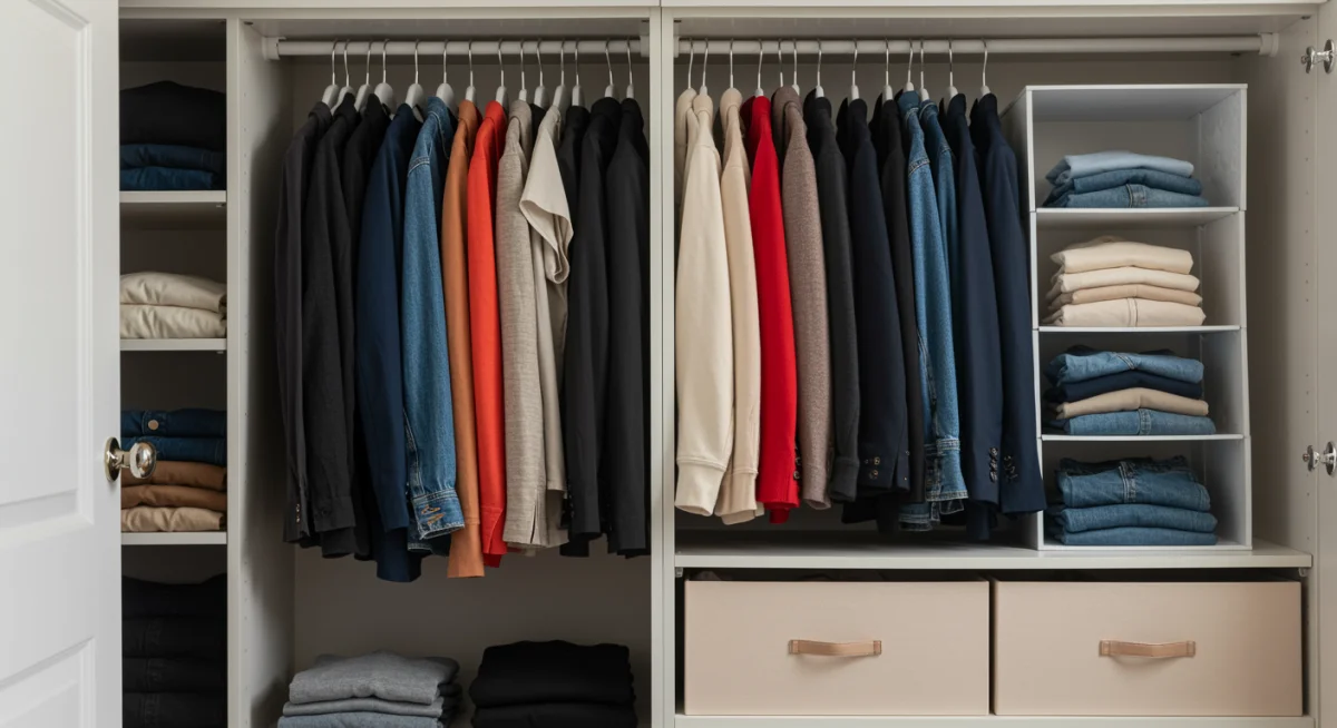 Armario cápsula organizado por paleta de colores personal, mostrando prendas versátiles y combinables para un estilo eficiente y consciente.