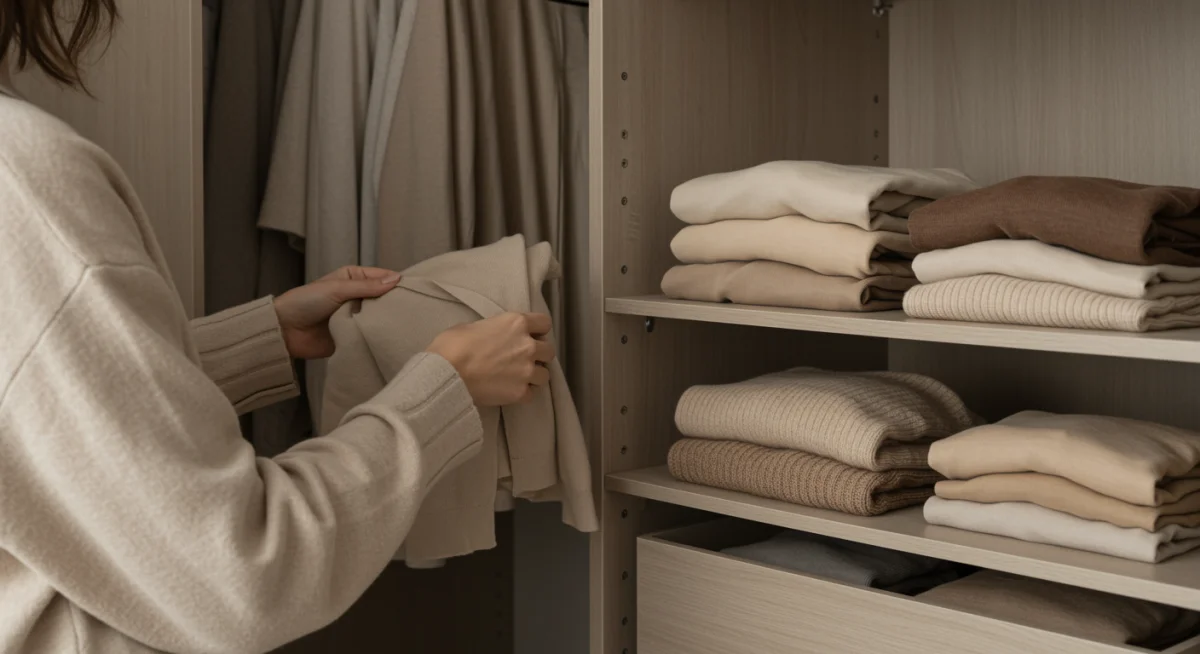 Armario cápsula organizado con prendas intercambiables de tonos neutros