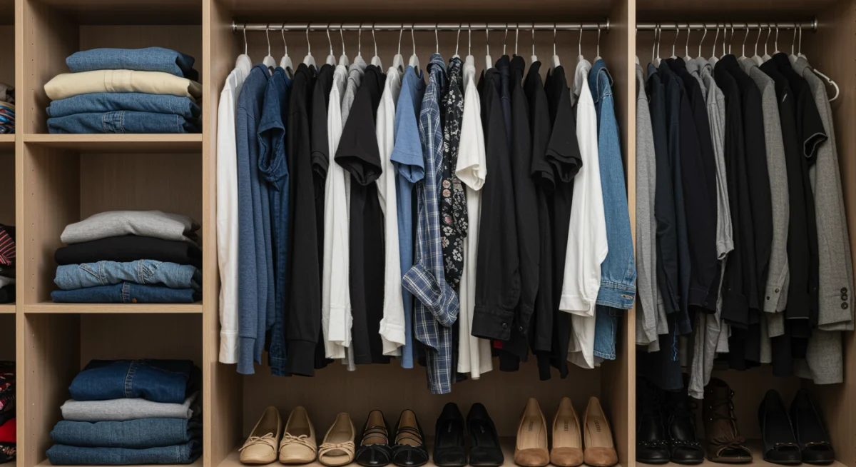 Armario organizado con prendas versátiles y atemporales, reflejando una estrategia de fondo de armario inteligente.