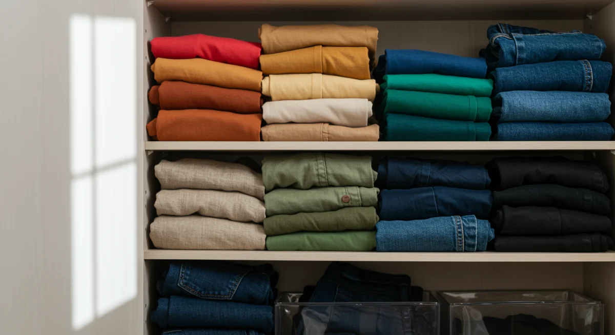 Armario organizado con ropa sostenible, mostrando almacenamiento cuidadoso.