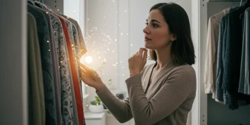 Armario Sostenible: Reduce 20% Huella Carbono en España Mujer examinando su armario sostenible en España, con ropa ecológica y de segunda mano.