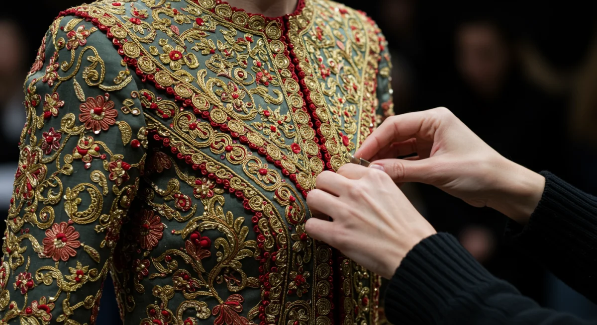 Detalle de texturas y artesanía en una prenda de moda española, reflejando la fusión de tradición y vanguardia.