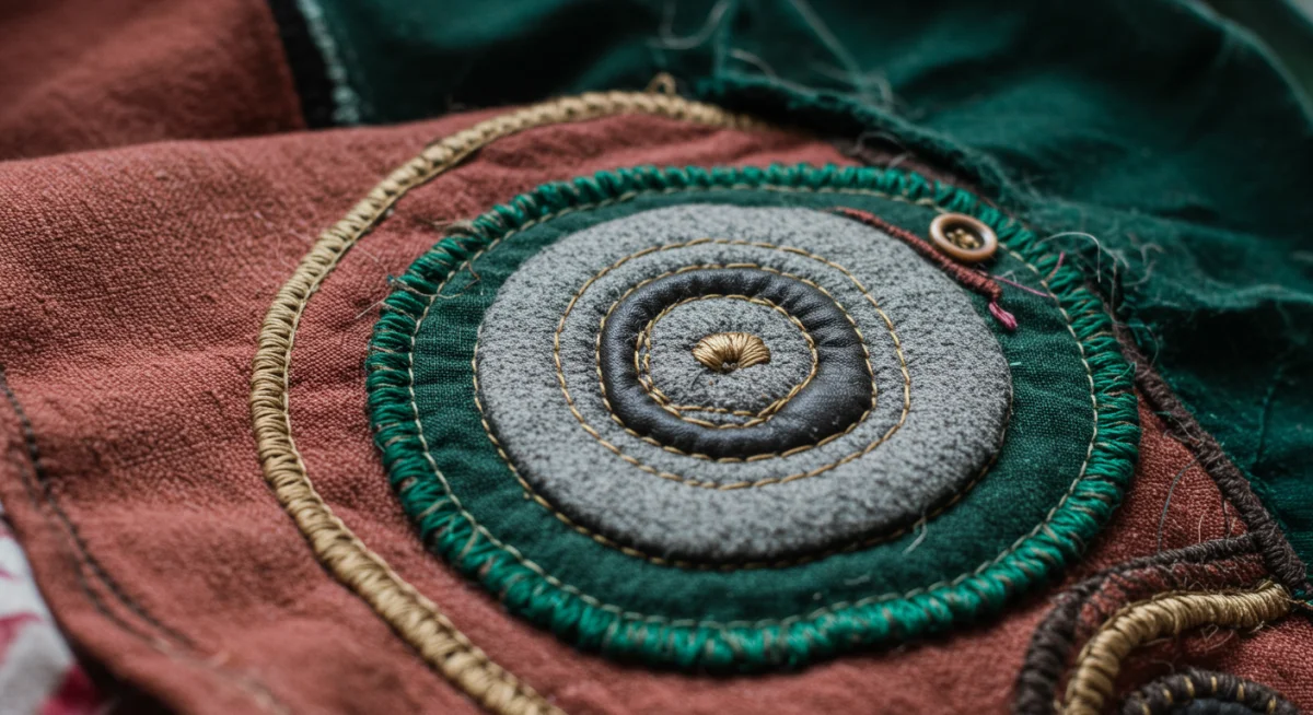 Detalle de una prenda elaborada con materiales reciclados, mostrando la artesanía y la sostenibilidad en la moda española.