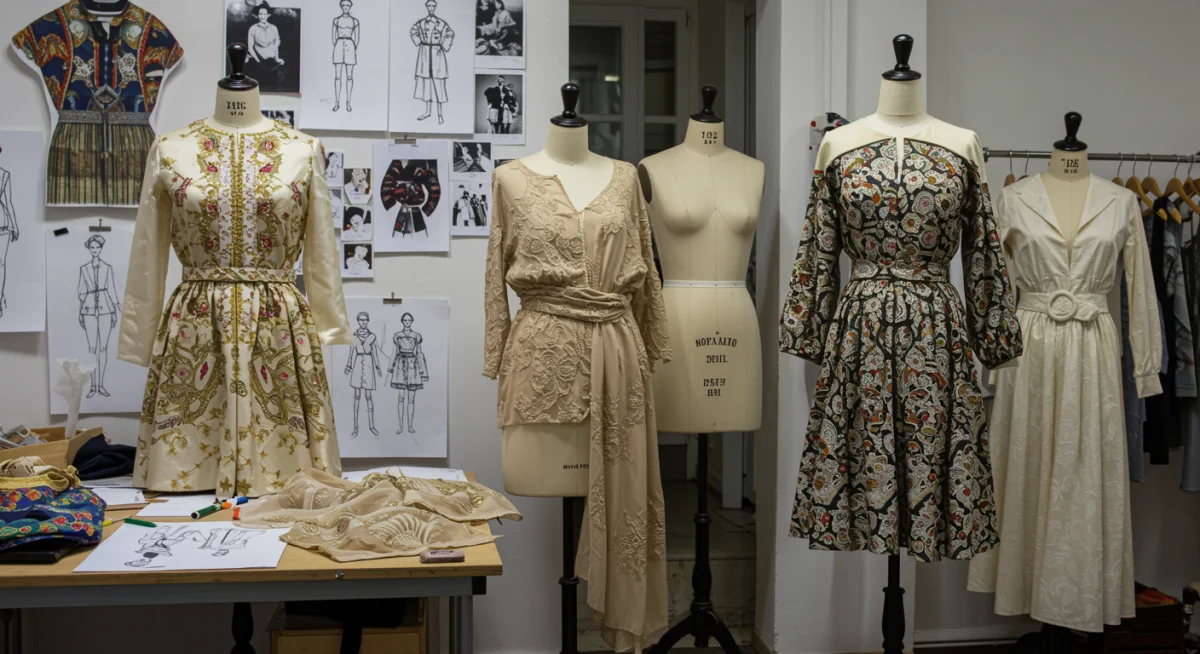 Diseñador de moda trabajando en su atelier, con bocetos y tejidos de alta calidad.