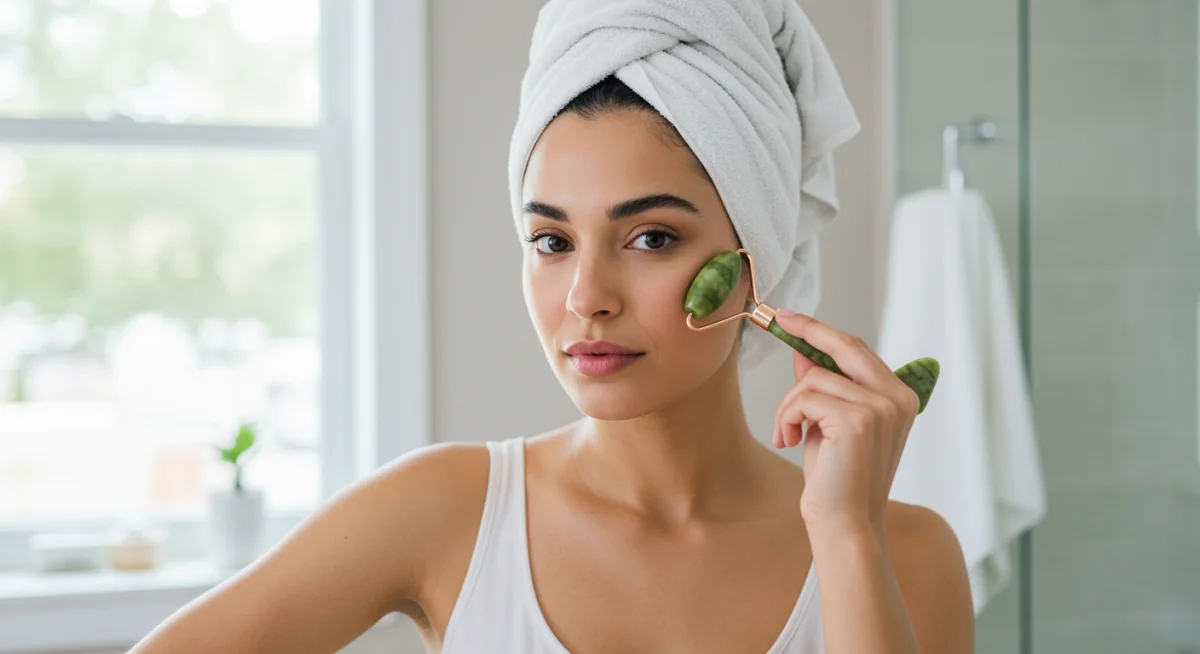 Mujer realizando un masaje facial de autocuidado con rodillo de jade para estimular la circulación y reducir líneas finas.