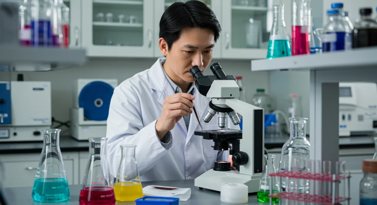 Científico examinando cabello bajo microscopio, simbolizando la biotecnología en tratamientos capilares.