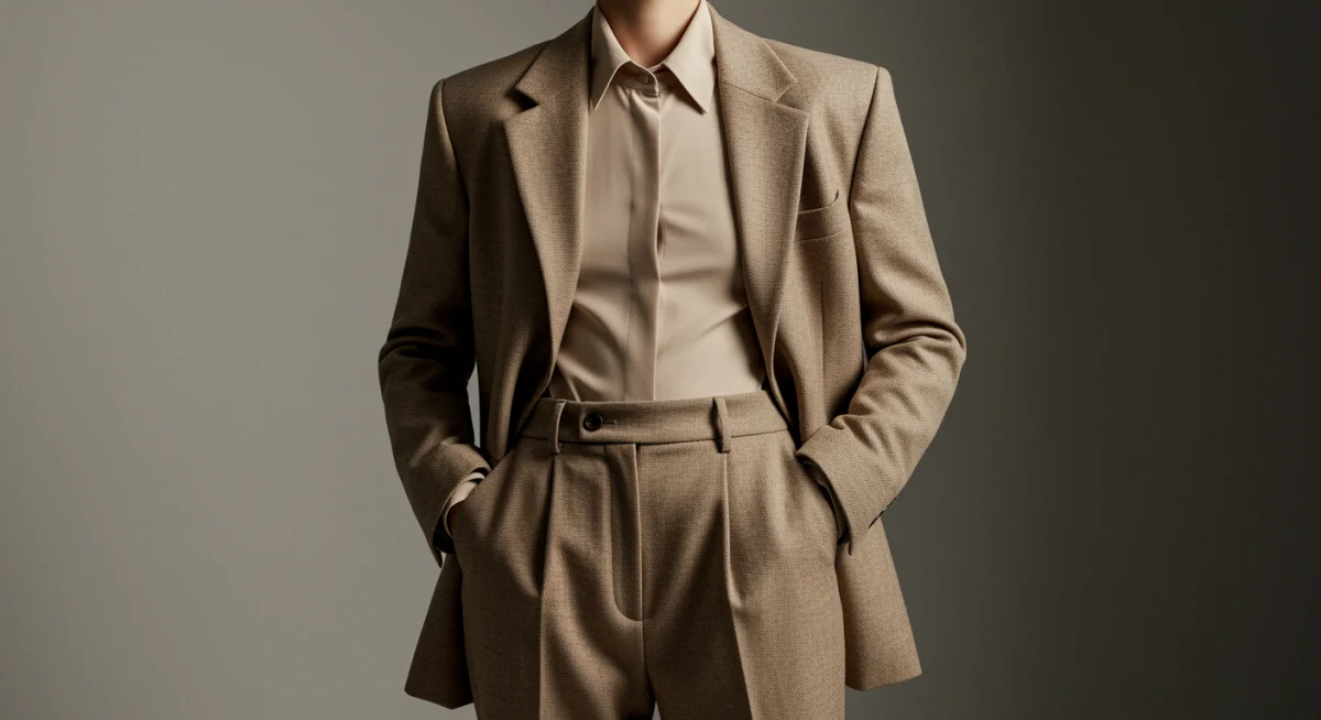 Modelo con blazer estructurado y pantalones de tiro alto, ideal para realzar la figura rectangular en 2025.