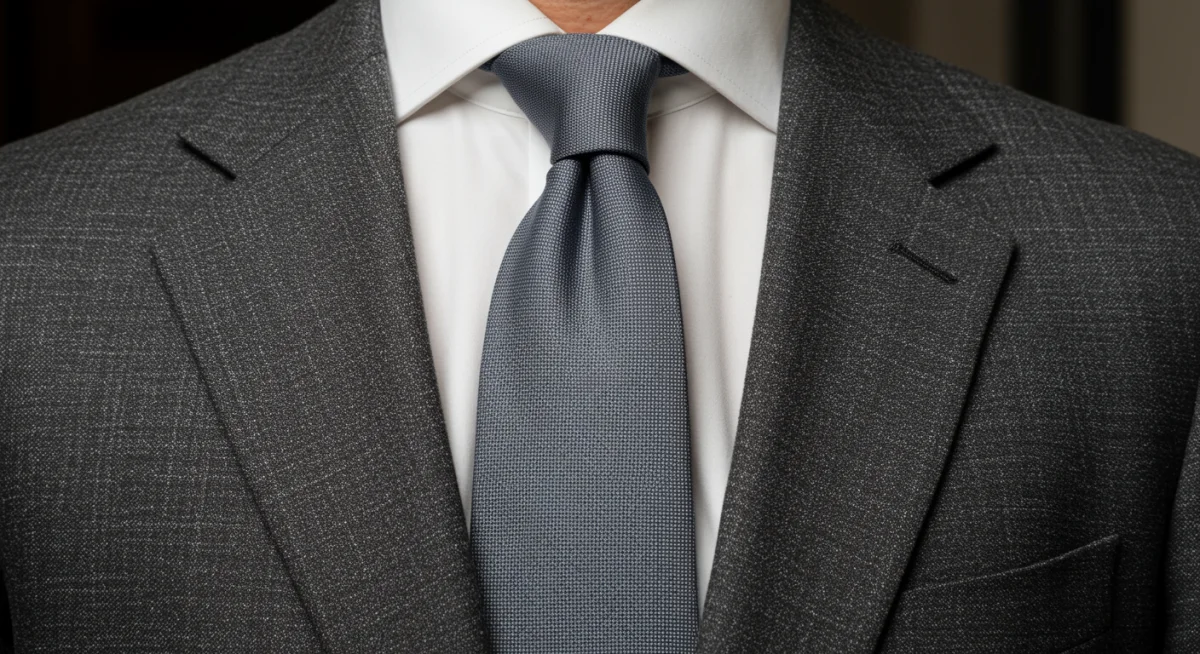 Detalle de un blazer bien cortado en color neutro con camisa blanca y corbata, símbolo de un look profesional clásico y potente.