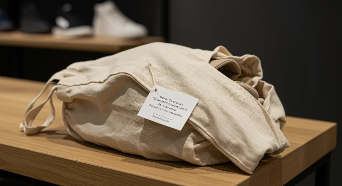 Bolsa de tela reutilizable de algodón orgánico con un par de zapatos, mostrando una solución práctica para reducir el plástico en moda.