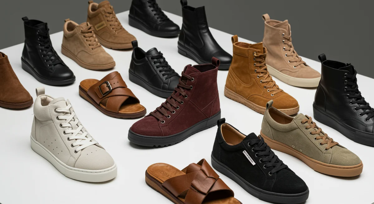 Variedad de calzado vegano y sostenible, incluyendo zapatillas, botas y sandalias, elaborados con materiales innovadores y éticos.