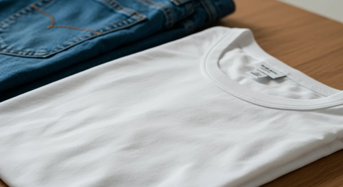 Camiseta blanca de algodón orgánico y vaqueros azules clásicos, símbolos de versatilidad en moda.