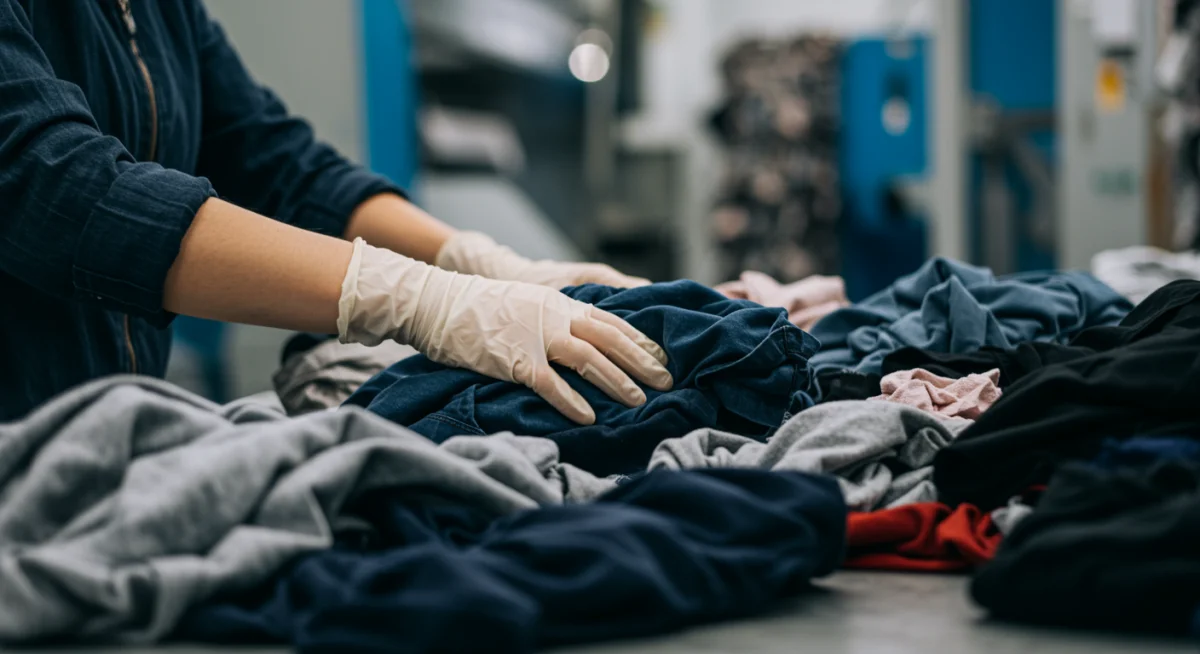 Manos clasificando ropa usada para reciclaje textil y upcycling.