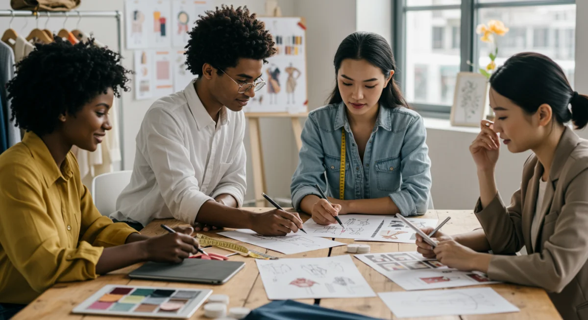 Diseñadores internacionales colaborando en un estudio, simbolizando la fusión creativa en la moda.