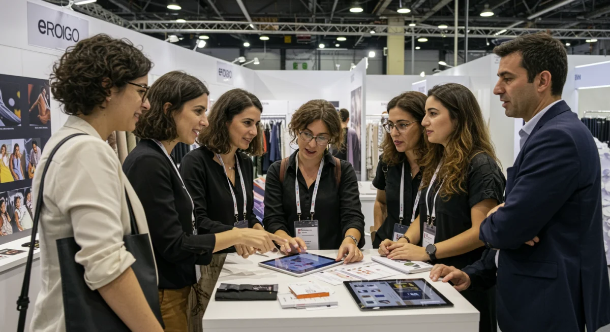 Diseñadores y empresarios de moda colaborando y compartiendo ideas en un stand de feria en España.