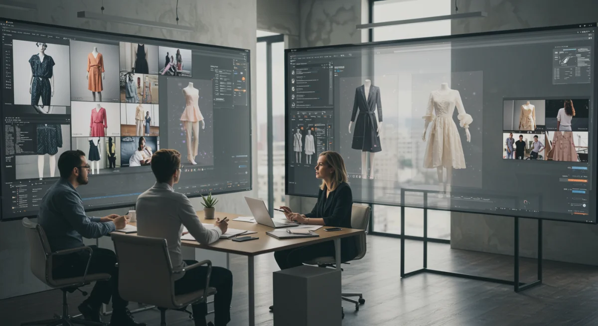 Profesionales de la moda interactuando en un showroom virtual, colaborando en diseños 3D y estrategias digitales.