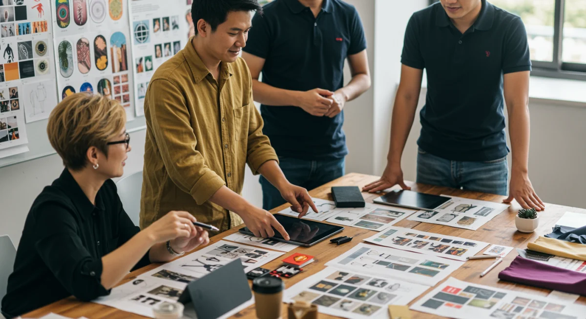 Diseñadores y tecnólogos colaborando en un taller de moda, fusionando diseño digital y tejidos sostenibles.