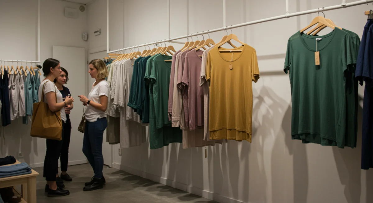 Colección de prendas teñidas naturalmente en una boutique española, reflejando la tendencia ecológica.