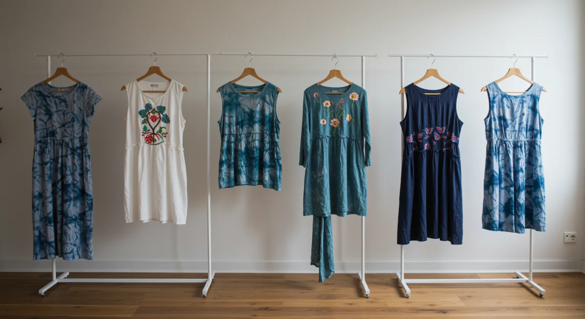 Colección de prendas upcycled únicas y artísticas colgadas en perchas en un espacio moderno.