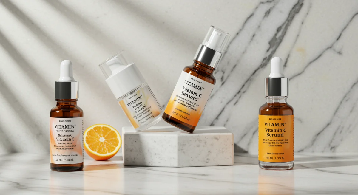 Tres sérums de vitamina C recomendados por expertos, dispuestos elegantemente para una rutina de belleza.