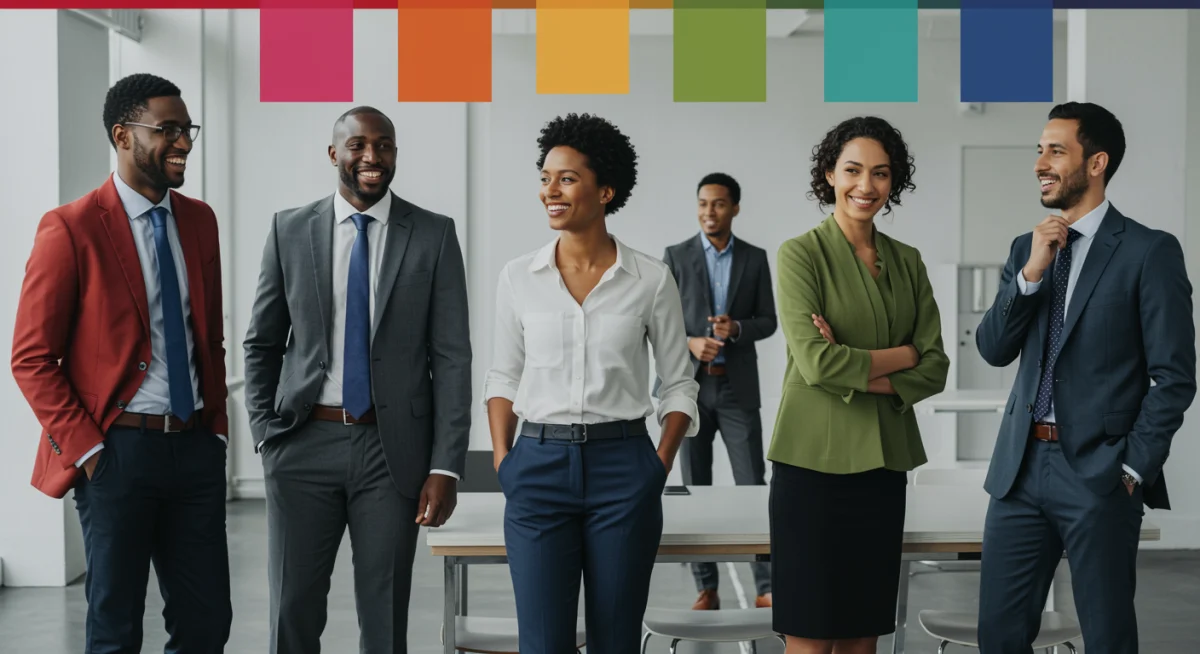 Grupo de personas en un entorno profesional, cada una con un atuendo de uno de los 5 colores clave, mostrando la influencia de los colores en las interacciones.