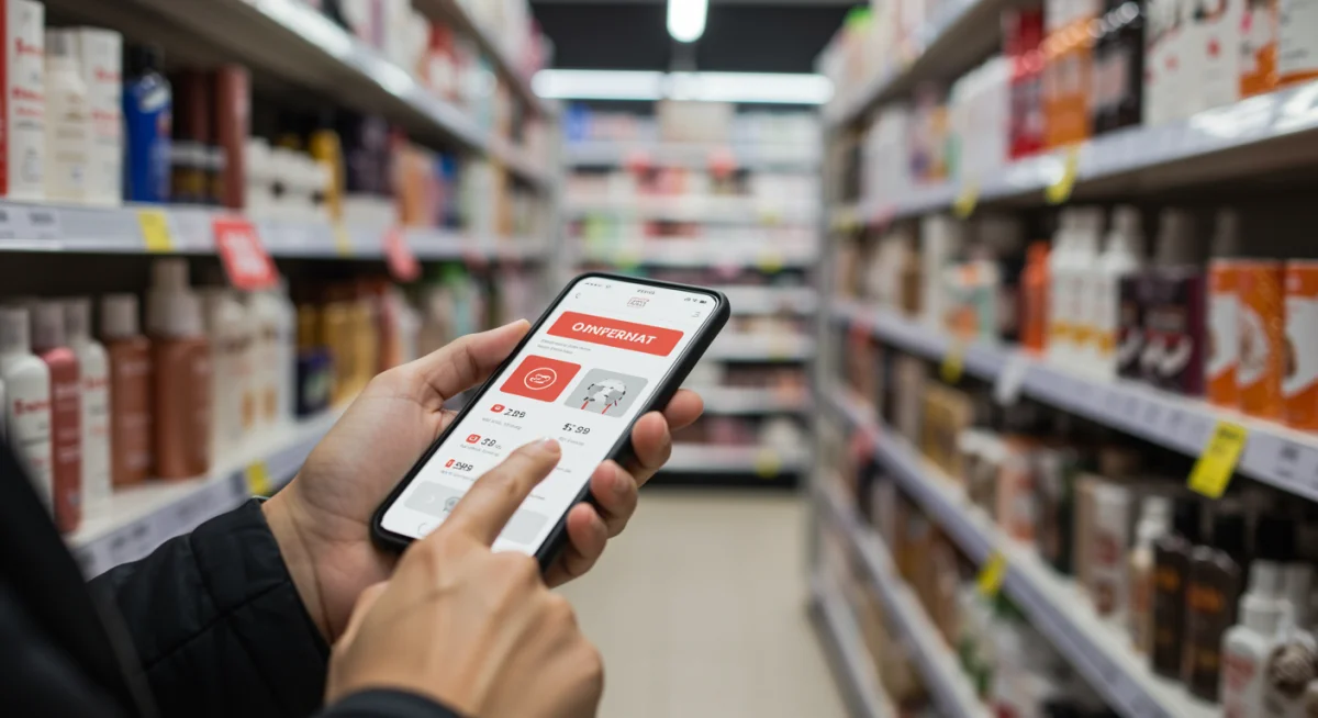 Persona comparando precios de productos de belleza en el móvil durante rebajas, destacando la compra inteligente.