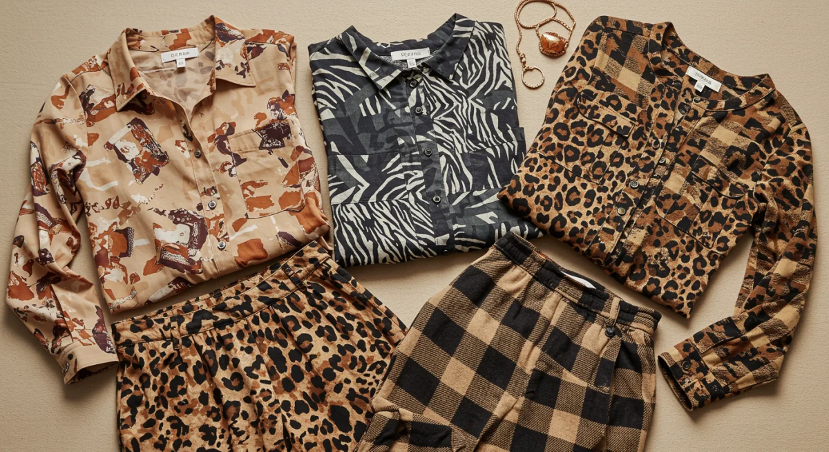 Disposición de prendas con estampados abstractos, animal print y cuadros para crear un look.