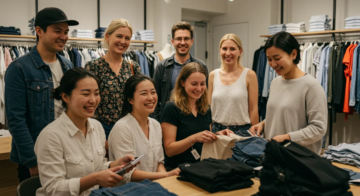 Consumidores conscientes examinando prendas con certificaciones de moda sostenible en una tienda.