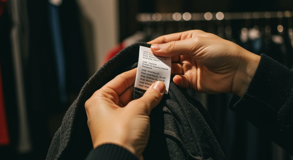 Persona examinando la etiqueta de una prenda en una tienda de segunda mano, priorizando la calidad y la sostenibilidad.