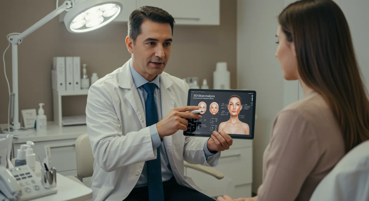 Doctora en medicina estética mostrando a una paciente un análisis 3D de su piel en una tablet, destacando la personalización de tratamientos.