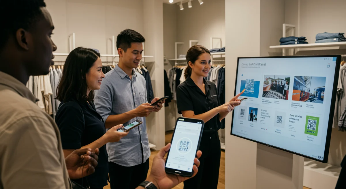 Consumidores interactuando con tecnología para verificar la transparencia de prendas en una tienda de moda.