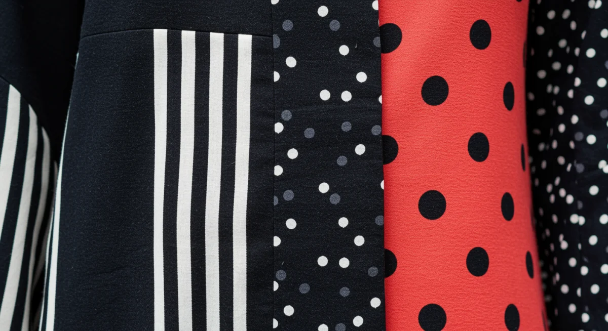 Detalle de un look con rayas y lunares, unidos por una paleta de colores común.