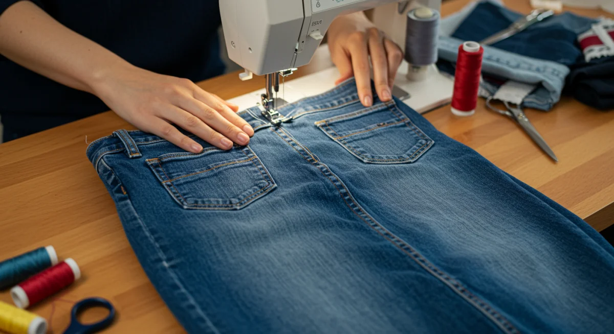Manos cosiendo unos vaqueros antiguos para transformarlos en una falda moderna, mostrando el proceso de upcycling.