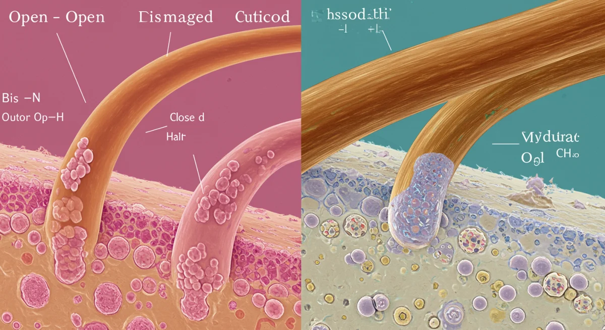 Microscopio mostrando cutículas capilares abiertas en cabello seco y cerradas en cabello sano.