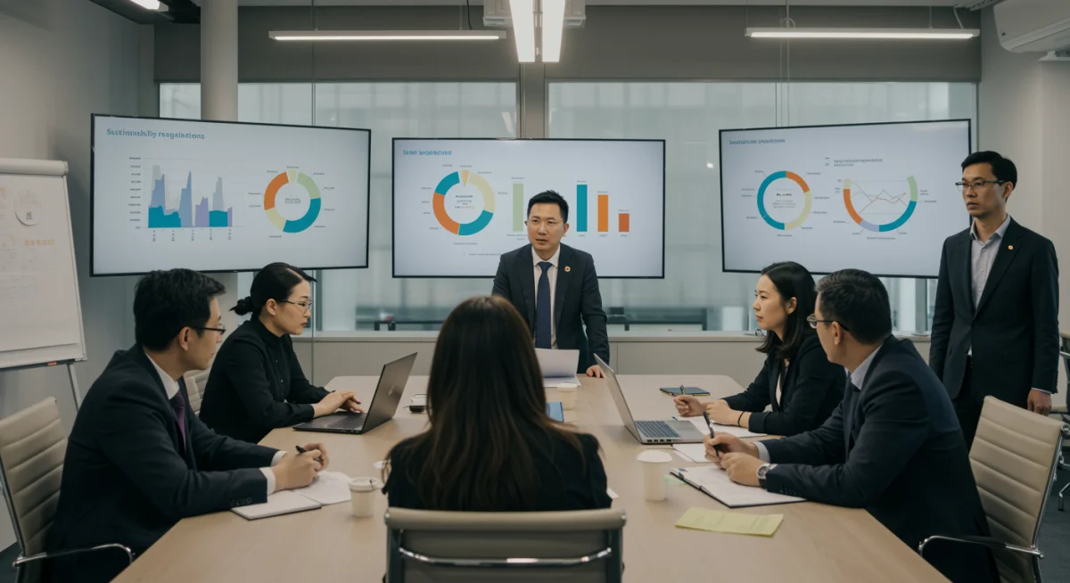 Profesionales de la moda debatiendo sobre regulaciones de sostenibilidad en un evento en España.
