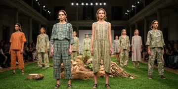 Modelos desfilando ropa sostenible en un evento de moda en España, con énfasis en la sostenibilidad y la innovación.