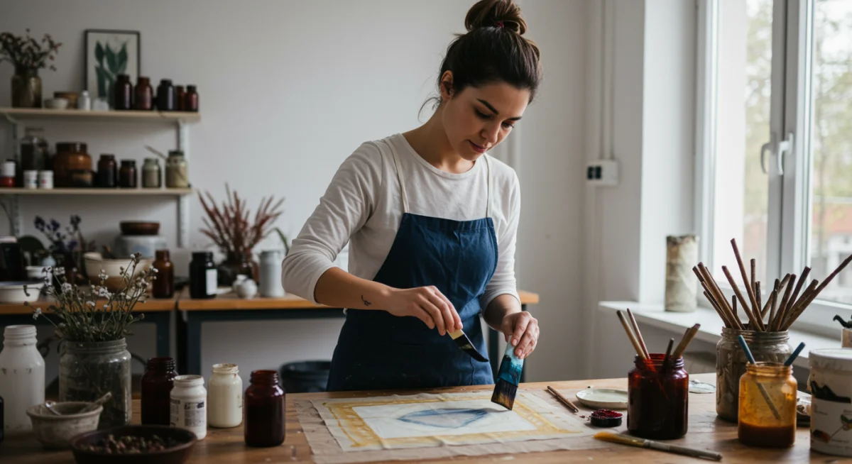 Diseñadora española aplicando pigmentos naturales a un tejido en un taller de moda sostenible.