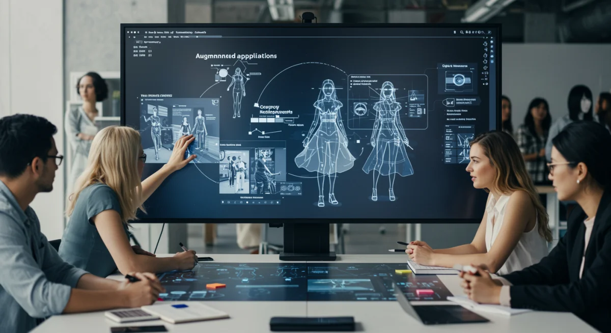 Diseñadores de moda e innovadores tecnológicos colaborando en experiencias de realidad aumentada