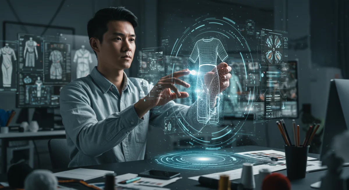 Diseñador de moda utilizando interfaz holográfica para crear prendas digitales en 3D.