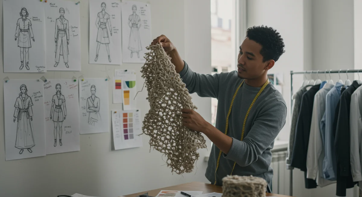 Diseñador de moda examinando una tela innovadora hecha de fibras regeneradas, con bocetos de colecciones sostenibles en su estudio.