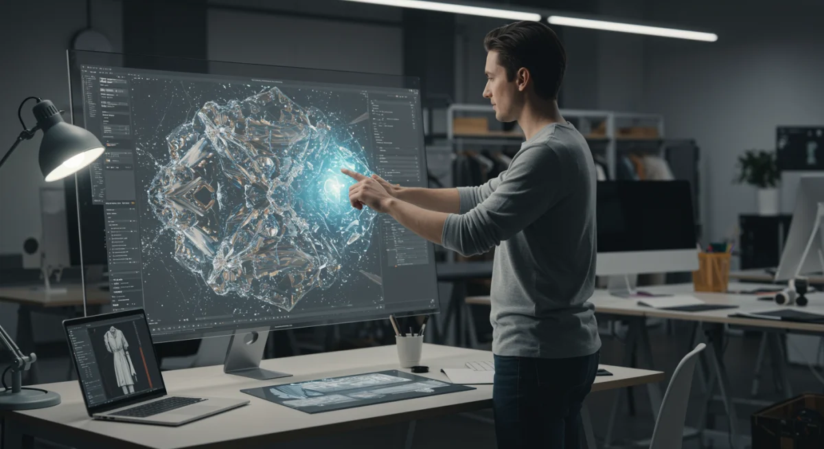 Diseñador de moda utilizando software 3D y pantalla holográfica para crear patrones textiles digitales.