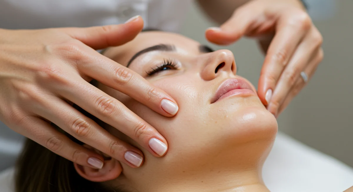 Esteticista española aplicando técnica de drenaje linfático facial para desinflamar y mejorar el contorno.
