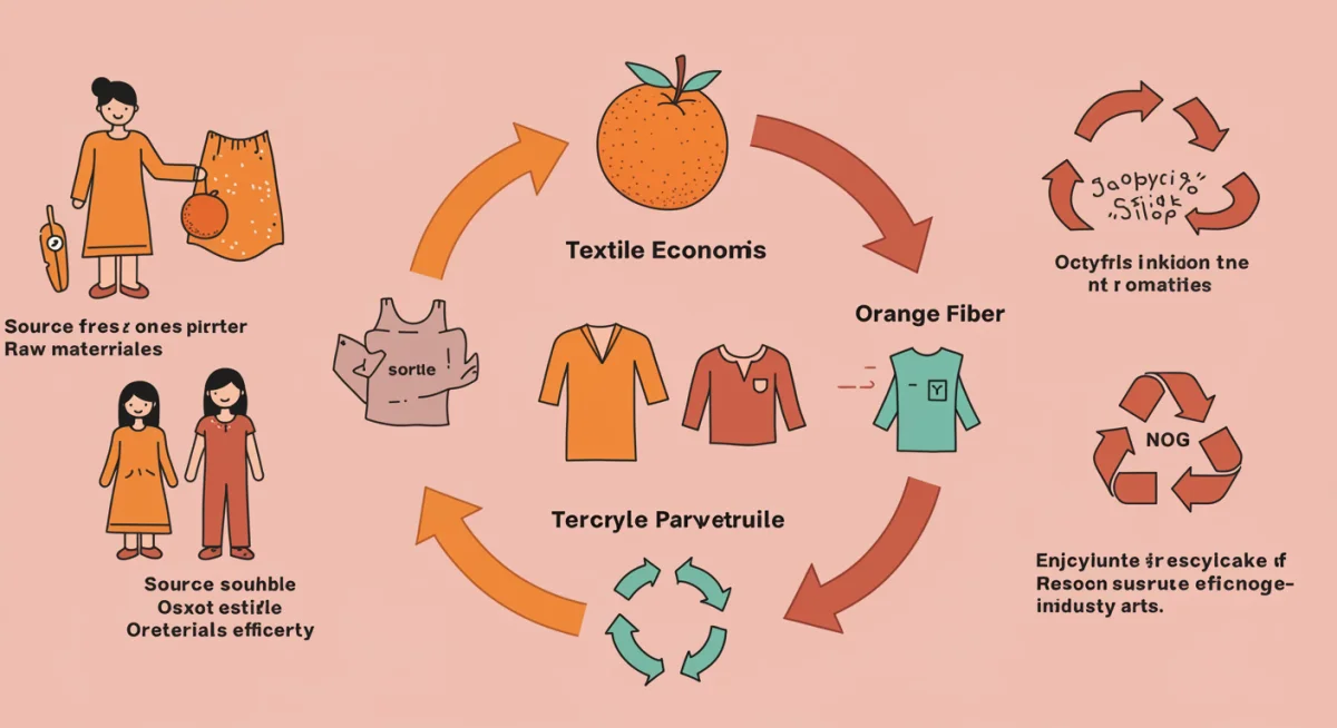 Diagrama de economía circular en la moda, mostrando el ciclo de vida de materiales sostenibles como la fibra de naranja.